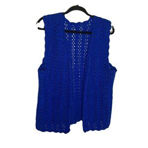 Homemade Crochet Blue Vest Womens Open Front Layering Cluster Stitch Cozy Granny